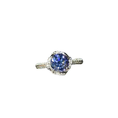 Blue Moissanite Halo Ring for Women, 1 Carat U-Shape Engagement Ring Style
