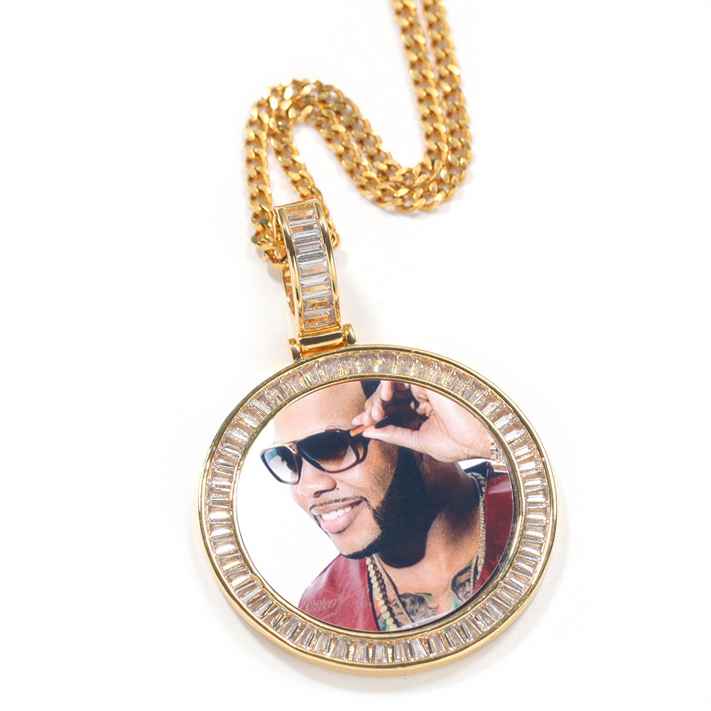 Unisex Hip Hop Round Photo Pendant Necklace with Cubic Zirconia Rope Chain in Gold, Silver & Rose Gold