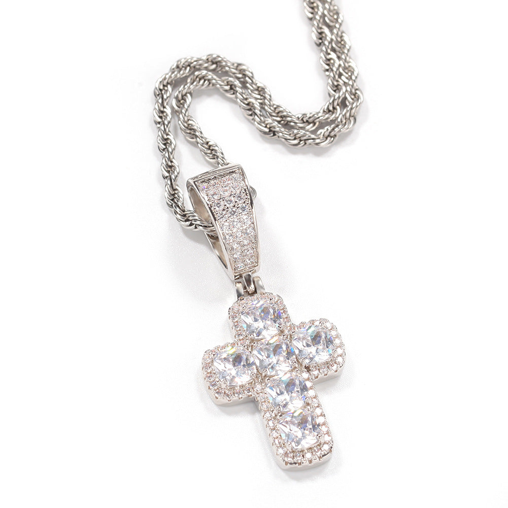 Iced Cross Pendant Necklace with Cubic Zirconia Twist Chain – Hip Hop Statement Necklace for Women