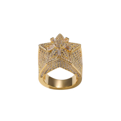 Unisex Hip Hop Star Ring with Cubic Zirconia - Gold or Silver Statement Ring