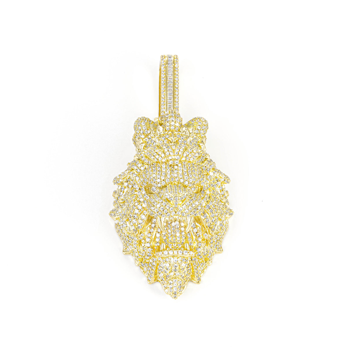 Lion Head Cubic Zirconia Pendant Necklace, Cuban Chain Streetwear Hip Hop Jewelry, 24 Inch Twisted Chain, White Tone / Yellow Tone product image