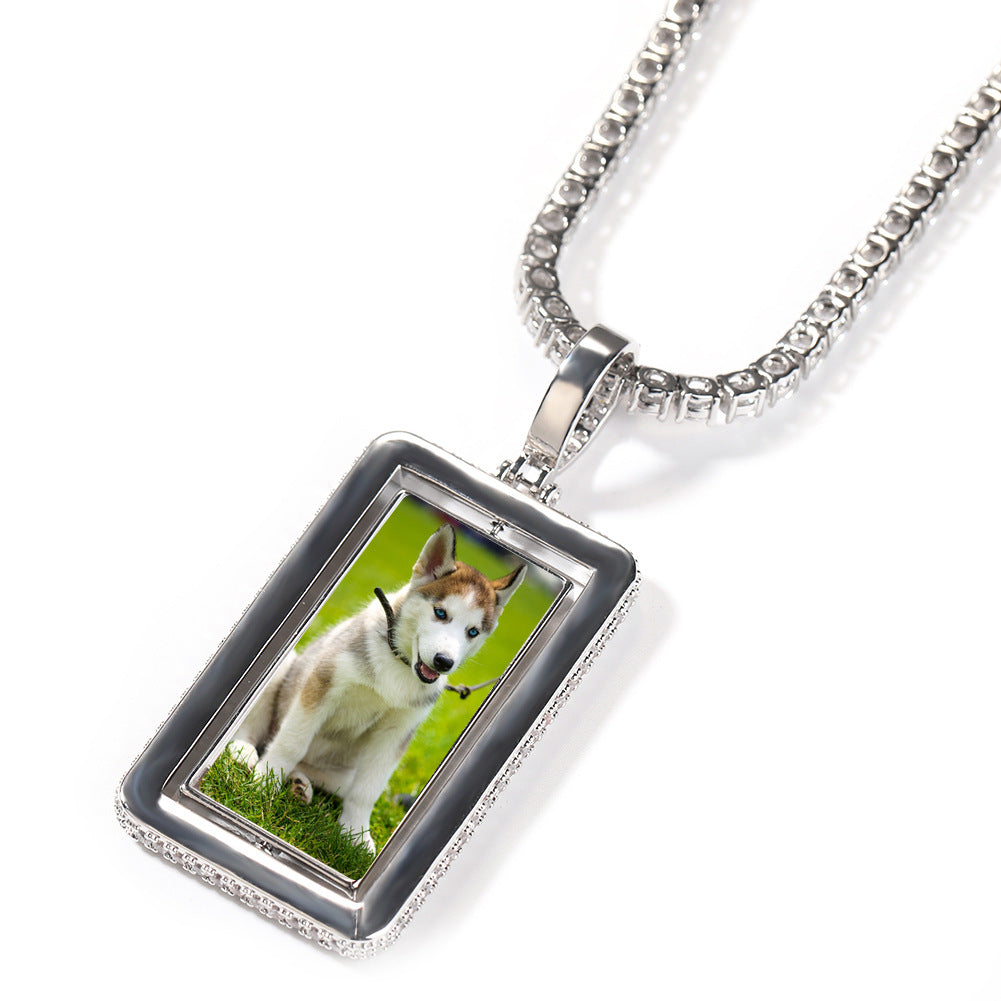 Unisex Square Rotating Photo Pendant Necklace with Cubic Zirconia Twisted Chain product image