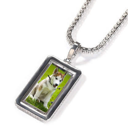 Unisex Square Rotating Photo Pendant Necklace with Cubic Zirconia Twisted Chain
