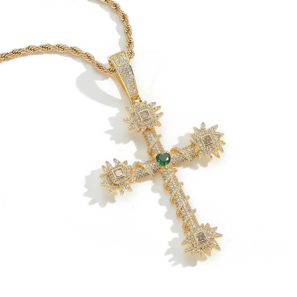 Vintage Light Luxury Cross Heart Cubic Zirconia Pendant Necklace for Men and Women