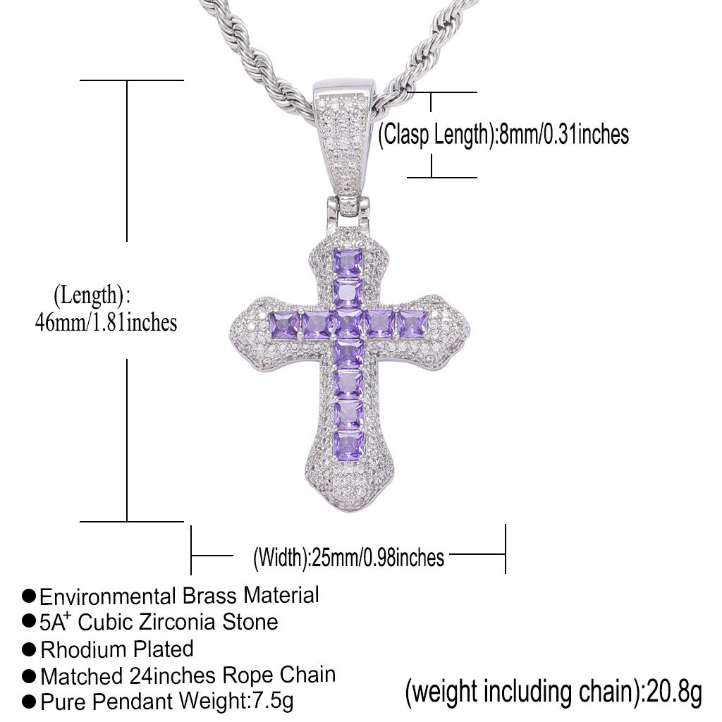 Hip Hop Light Luxury Cross Square Cubic Zirconia Pendant Necklace for Men and Women