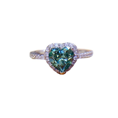 Green Heart Moissanite Halo Ring for Women, 1 Carat or 2 Carat Engagement Ring, Au750 White Gold Color