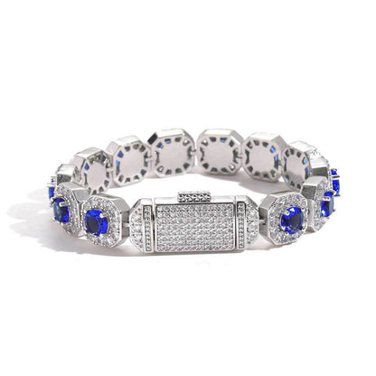 12 mm Blue Round Halo CZ Link Hip Hop Bracelet with Copper Base - CHA190