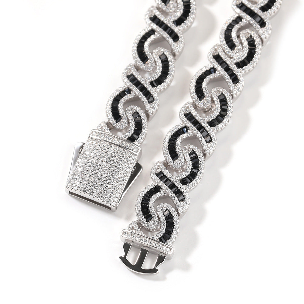 Unisex Cuban Link Cubic Zirconia Chain Bracelet Necklace Set in Silver Black or Silver Pink