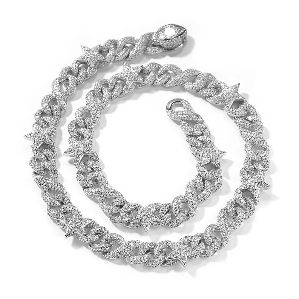 Unisex Iced Cuban Link Chain Necklace & Bracelet with Cubic Zirconia Stars and Pendant