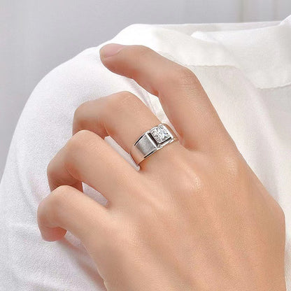 Men’s 1 Carat VVS1 Moissanite Ring in PT950 Platinum Tone, Textured Band Square Set Wedding Ring