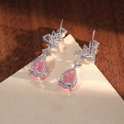 Pink Teardrop Drop Earrings for Women, Floral Crystal Stud Dangle Earrings