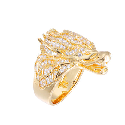 Men's Zircon Dragon Head Ring, Hip Hop Copper Ring, White Tone or Gold Tone, Sizes 7-11
