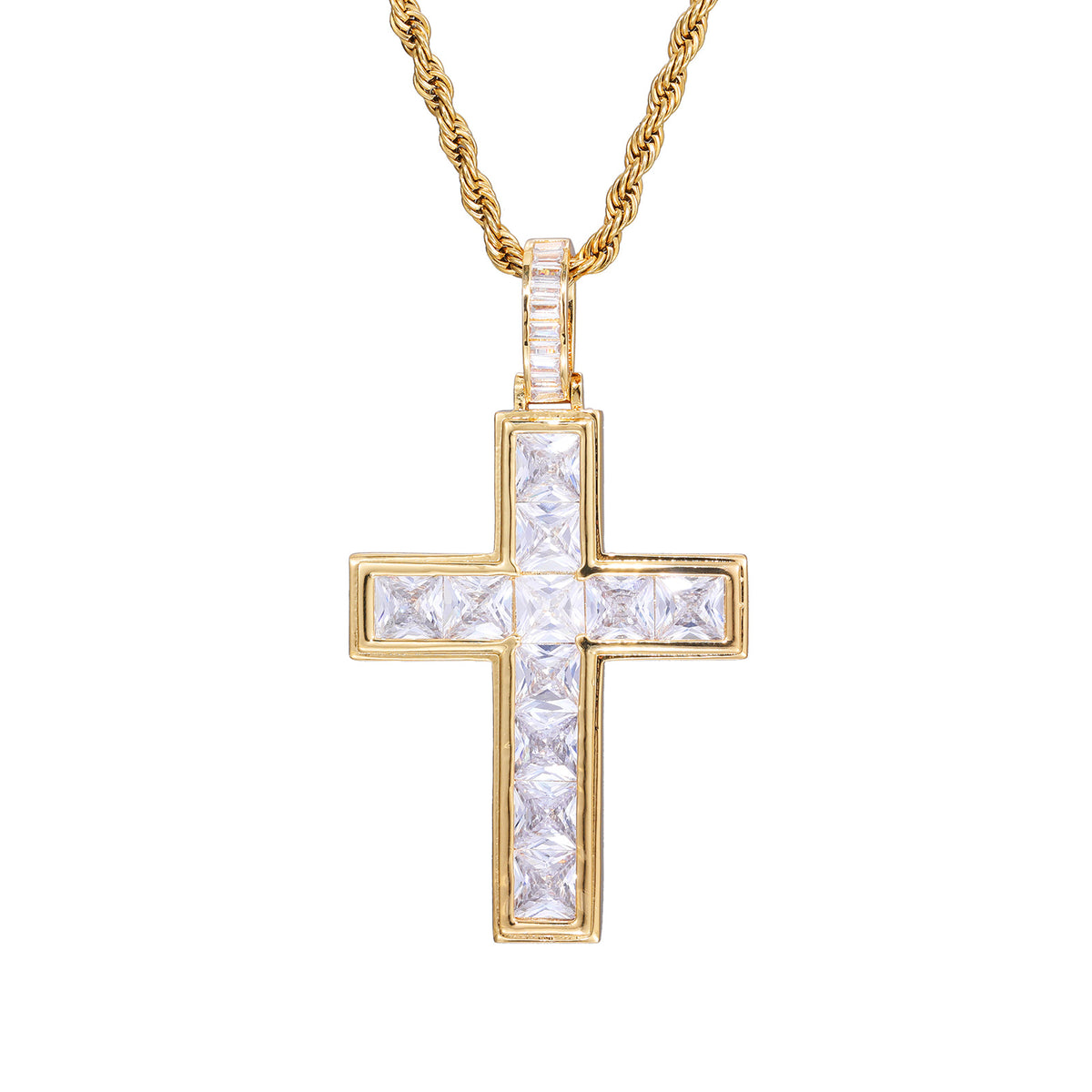 Men's Copper Cross Pendant Necklace, Zirconia Rope Chain, Hip Hop Style product image