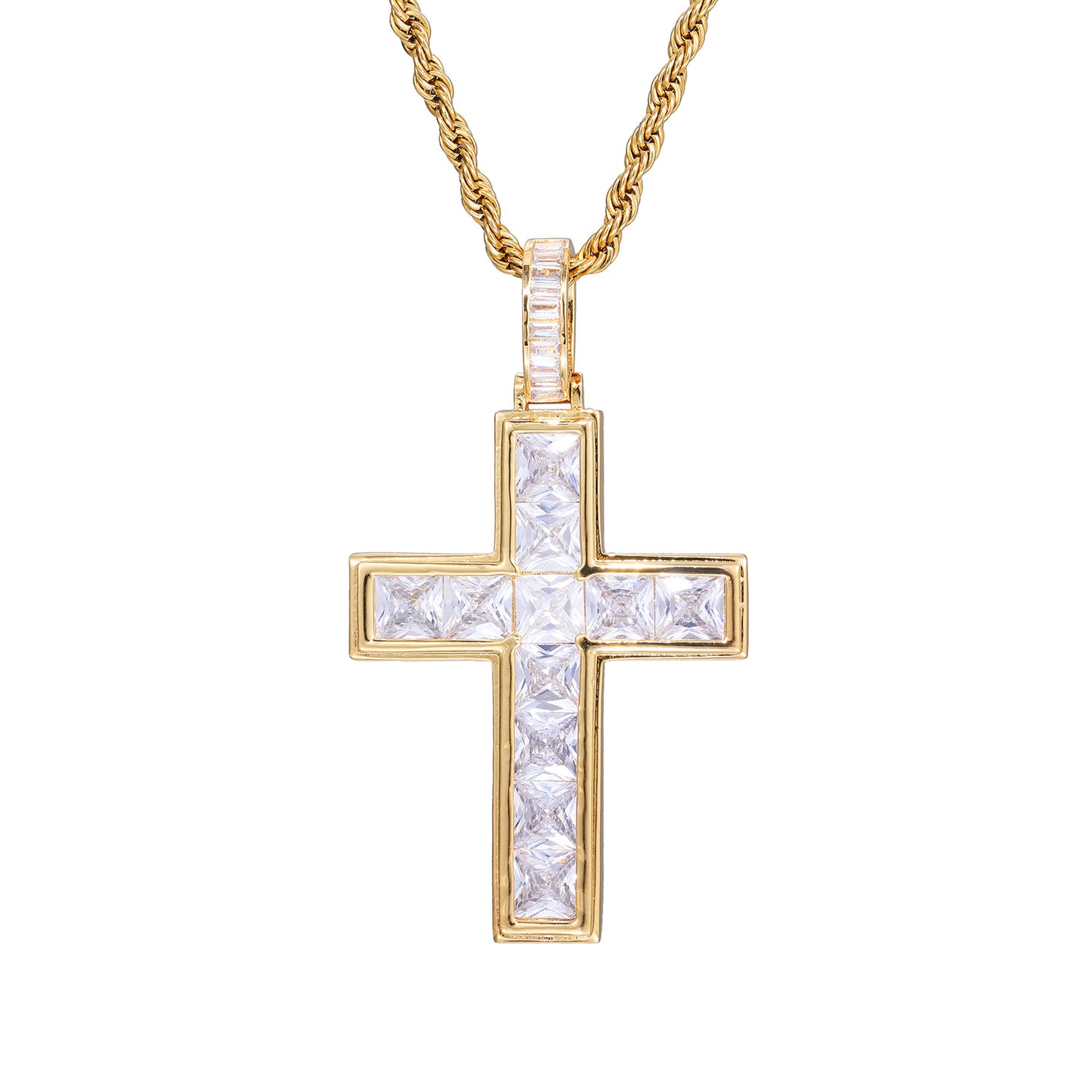 Men's Copper Cross Pendant Necklace, Zirconia Rope Chain, Hip Hop Style product image