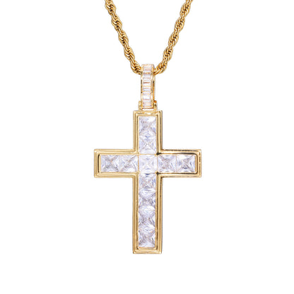 Men's Copper Cross Pendant Necklace, Zirconia Rope Chain, Hip Hop Style
