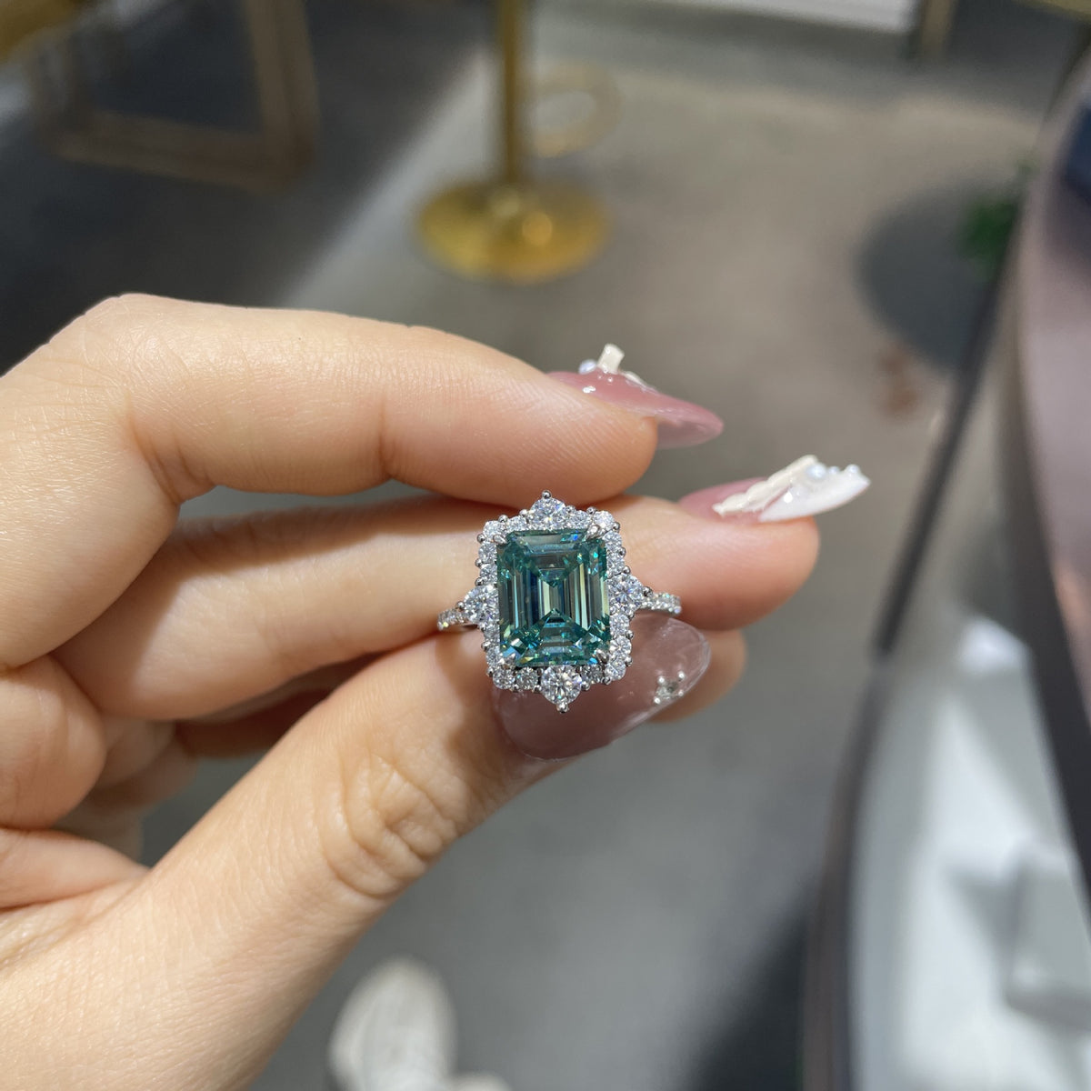Green Moissanite Halo Ring, 8x10mm 4 Carat Emerald Cut, S925 Gold-Plated Ring for Women product image