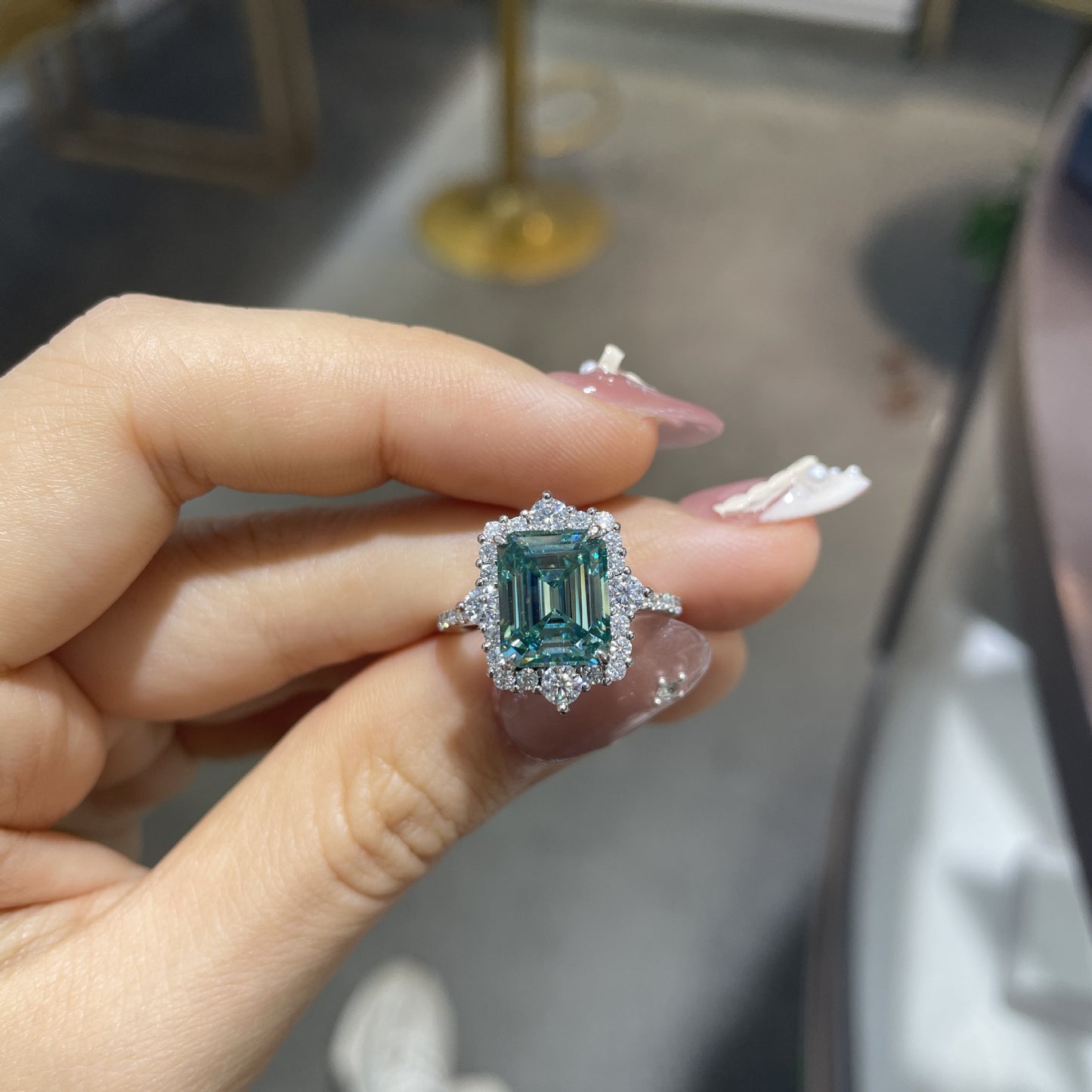 Green Moissanite Halo Ring, 8x10mm 4 Carat Emerald Cut, S925 Gold-Plated Ring for Women product image