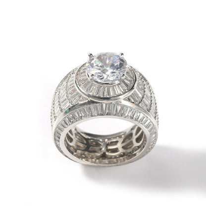 Back view of silver tone round CZ wide statement ring