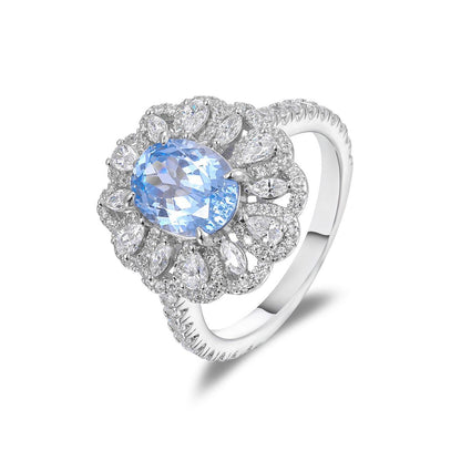 Oval Blue Halo Ring for Women, 925 Silver Floral Promise Ring