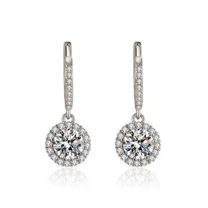 Moissanite Halo Drop Hoop Earrings for Women, Round Pavé Water Ripple Dangle Earrings