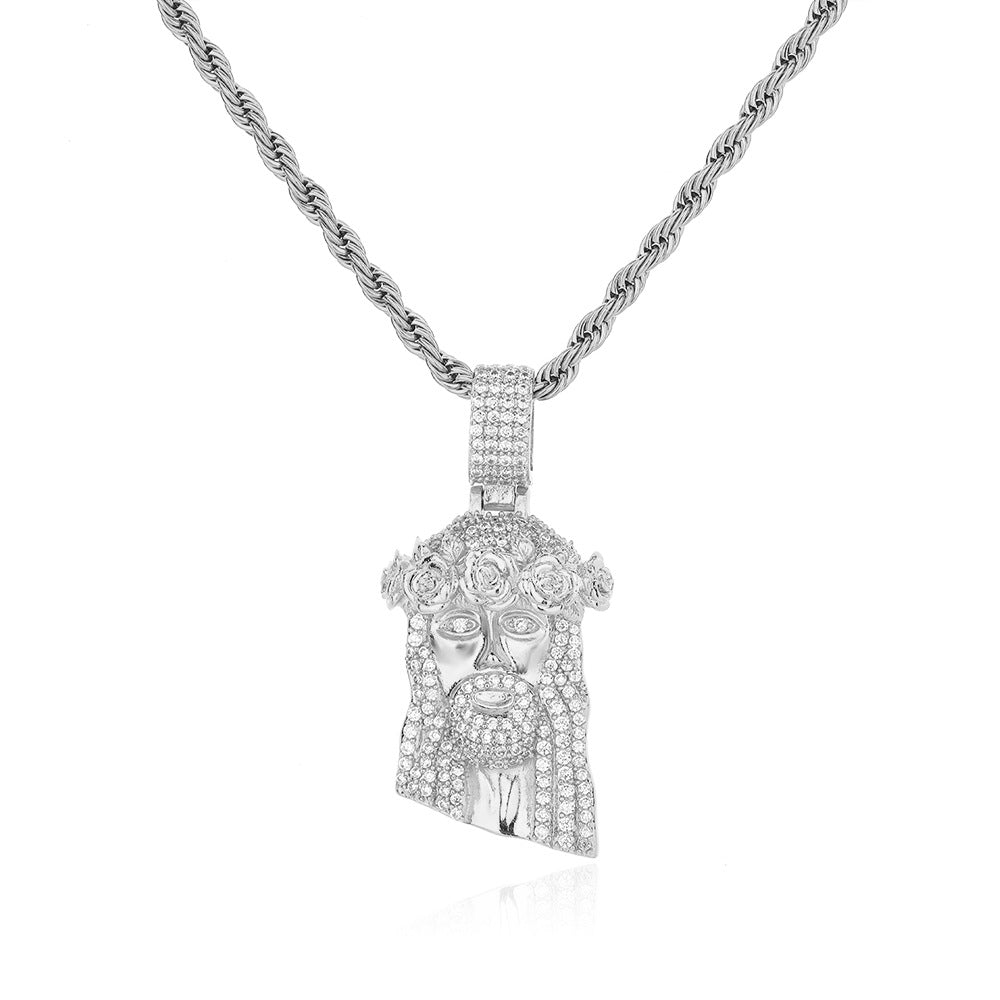 Men’s Hip Hop Portrait Pendant Necklace, Rope Chain, Stone-Set Streetwear Charm