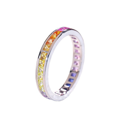 Rainbow Gradient Princess Cut Lab-Created Sapphire Eternity Ring, 2mm, S925 Sterling Silver, 18K Gold Plated