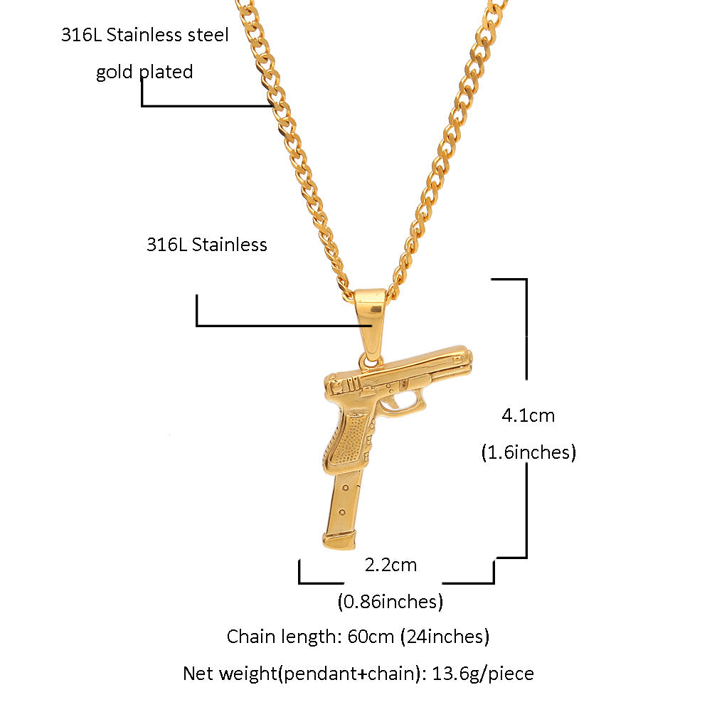 Stainless Steel Pistol Pendant Necklace for Women & Men - Gold Plated or Silver Plated 24 Inch Cuban Chain Statement Jewelry