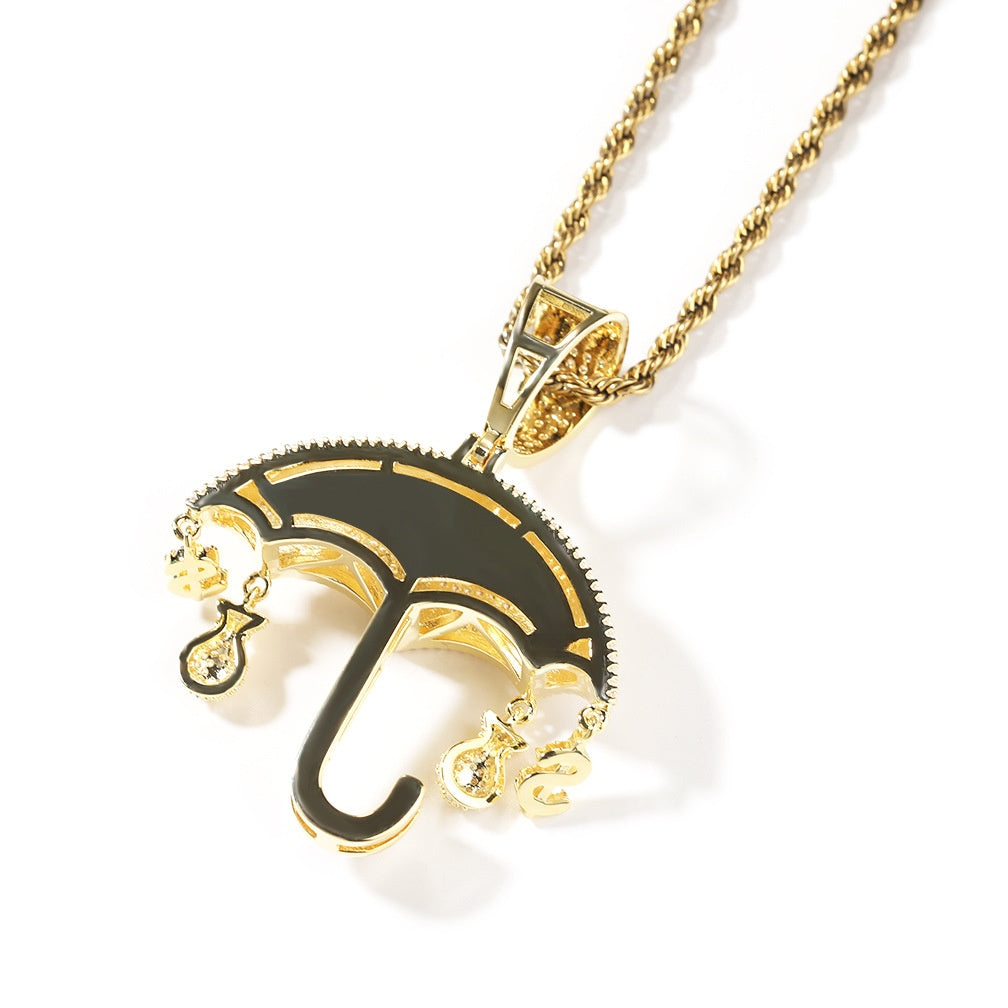 Iced Umbrella Pendant Necklace for Women – Cubic Zirconia Hip Hop Statement Chain in Gold or Silver Tone, 24 Inch Twisted Rope Chain