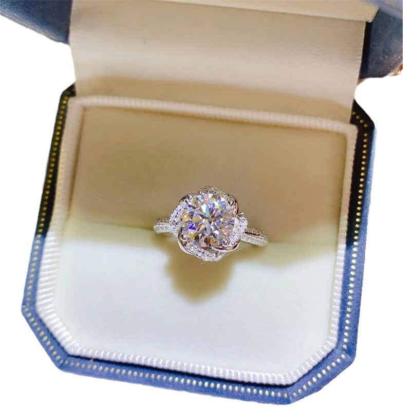 AU750 White Gold Moissanite Flower Halo Ring for Women, 1 Carat or 2 Carat, U Shape Geometric Band, Sizes 9-19 product image
