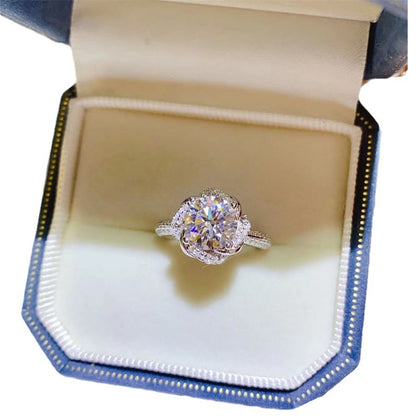 AU750 White Gold Moissanite Flower Halo Ring for Women, 1 Carat or 2 Carat, U Shape Geometric Band, Sizes 9-19