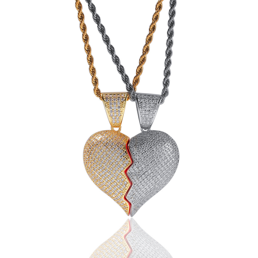 Iced Broken Heart Pendant Necklace Set for Couples – Cubic Zirconia Hip Hop Chain in Gold, Silver & Two-Tone product image