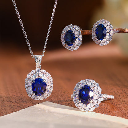 925 Silver Royal Blue Oval Halo Necklace Set with Stud Earrings and Ring