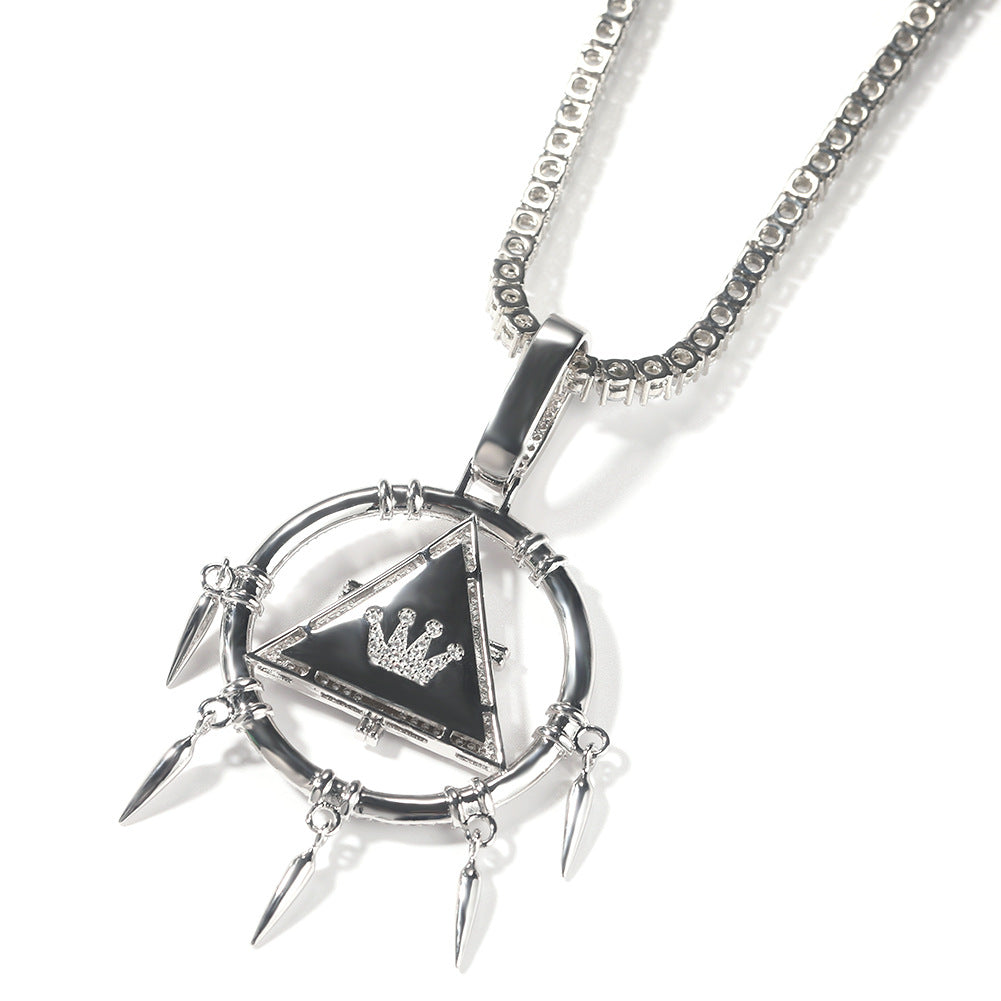 Iced Out Geometric Triangle Circle Pendant Necklace with CZ Stones, Silvery Hip Hop Twist Chain 24 Inch, Small & Large Size Options