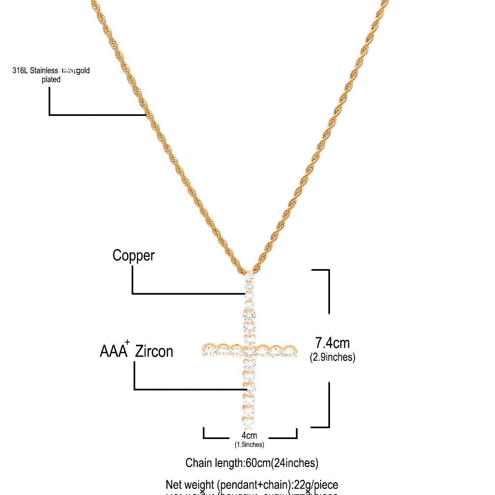 Iced Out Cross Pendant Necklace for Women & Men, Cubic Zirconia Statement Chain in Gold or Silver Tone, Twisted Rope or Cuban Link Necklace
