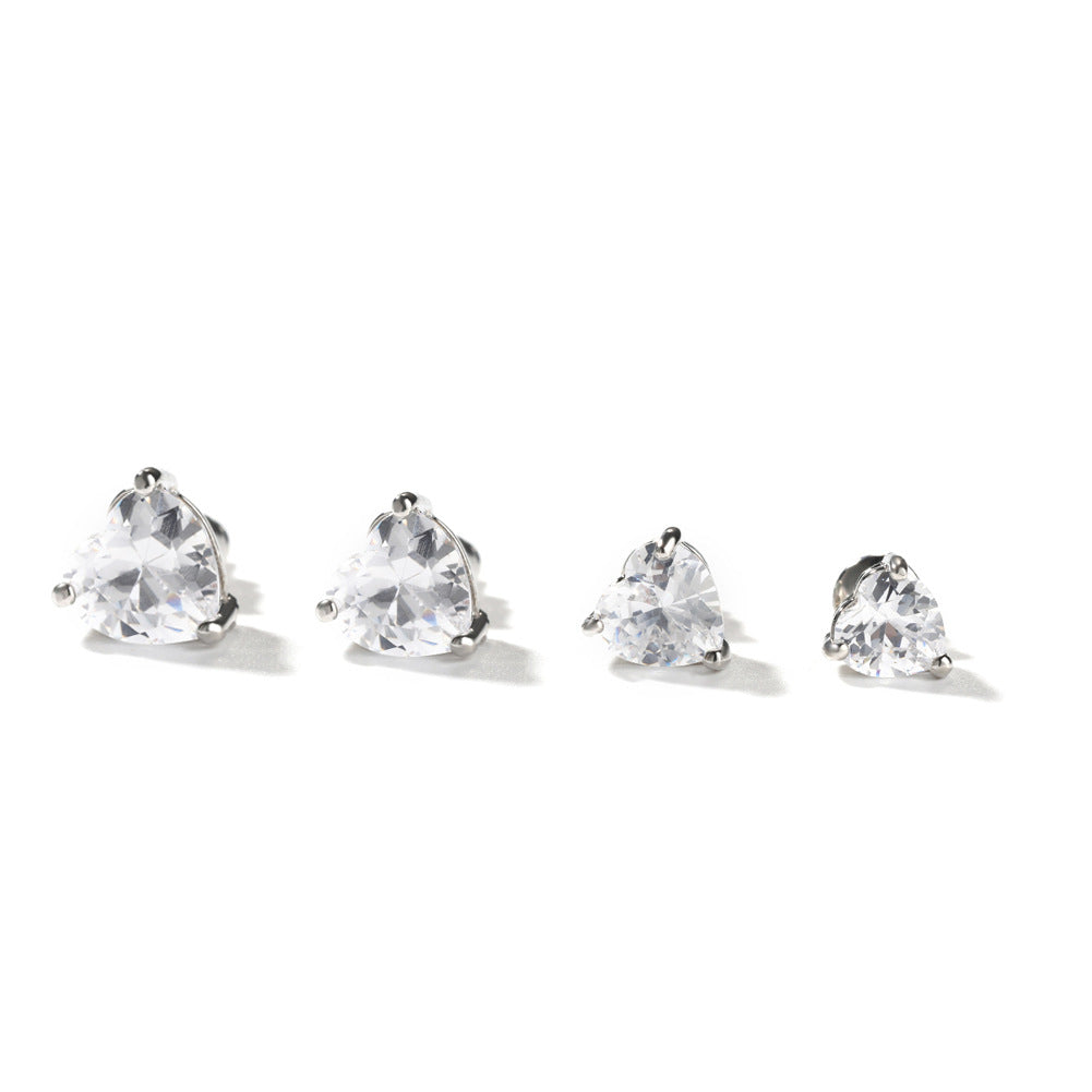 Unisex Silver-Plated Cubic Zirconia Stud Earrings - Square, Heart, Star & Round Hip Hop Statement Earrings