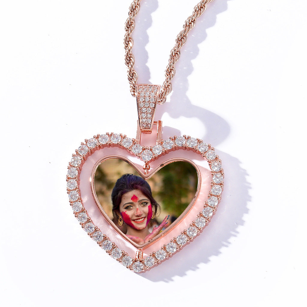 Hip Hop Heart Photo Frame Copper Necklace for Men and Women