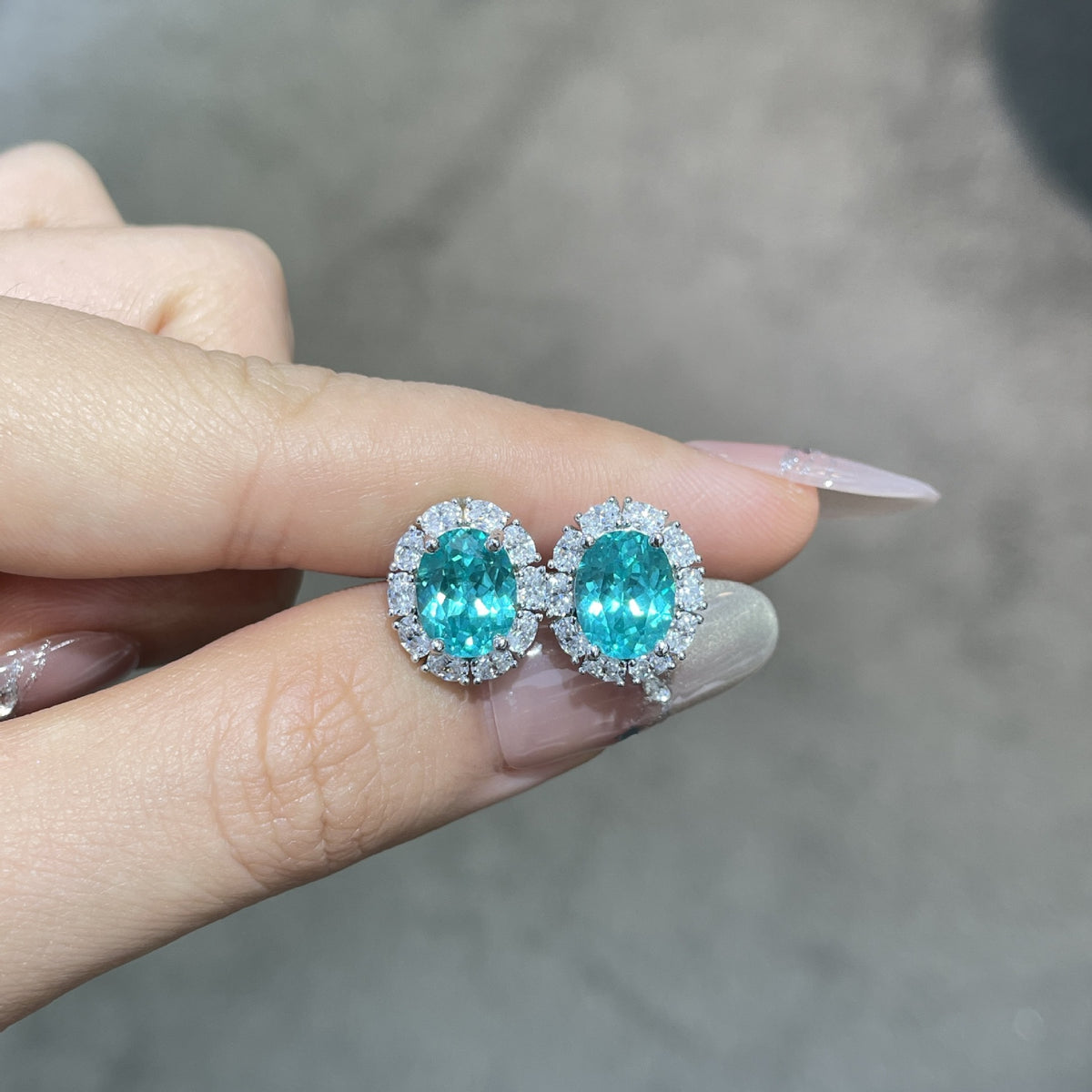 Oval Blue-Green Gemstone Halo Stud Earrings, Vintage-Inspired Sparkling Ear Studs product image