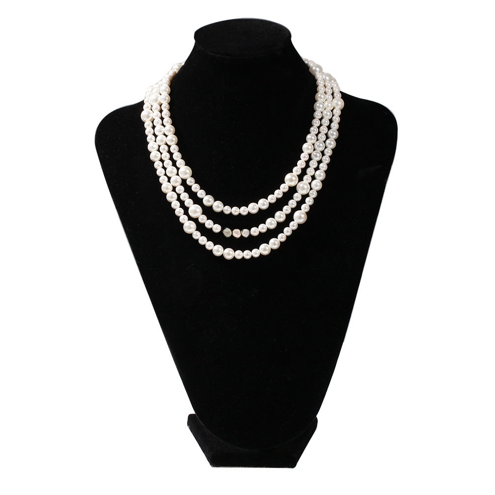 Unisex Round Pearl Necklace Pendant Chain - Trendy Layered Look Mixed-Size Pearl Statement Necklace product image