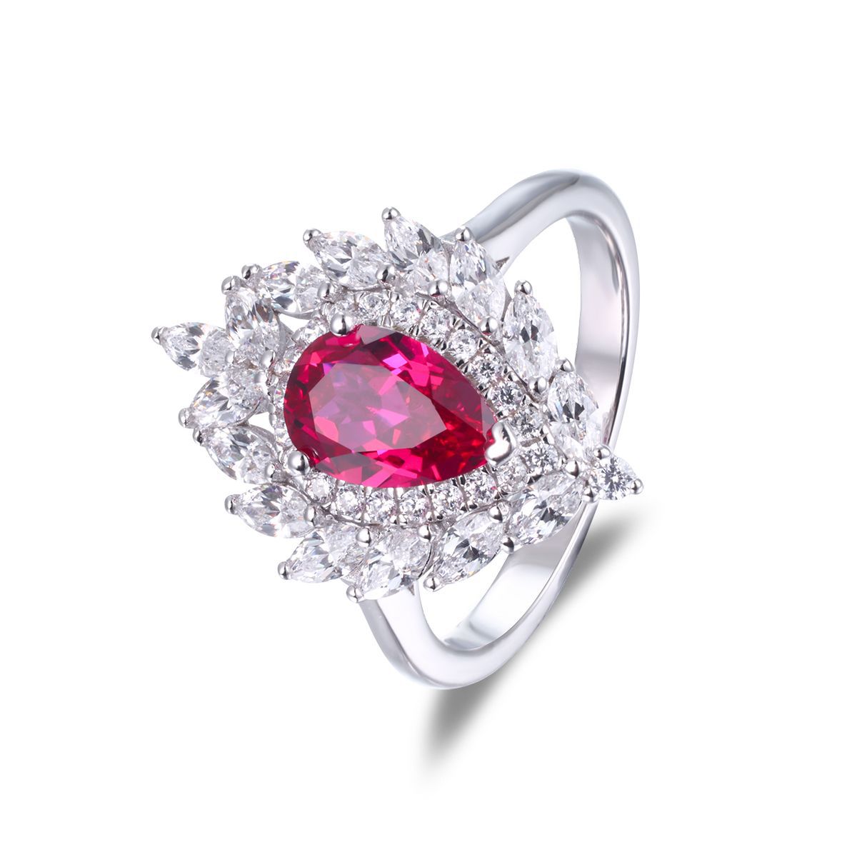 Pear-Shaped Red Halo Ring in 925 Silver, Floral Teardrop Ring product image