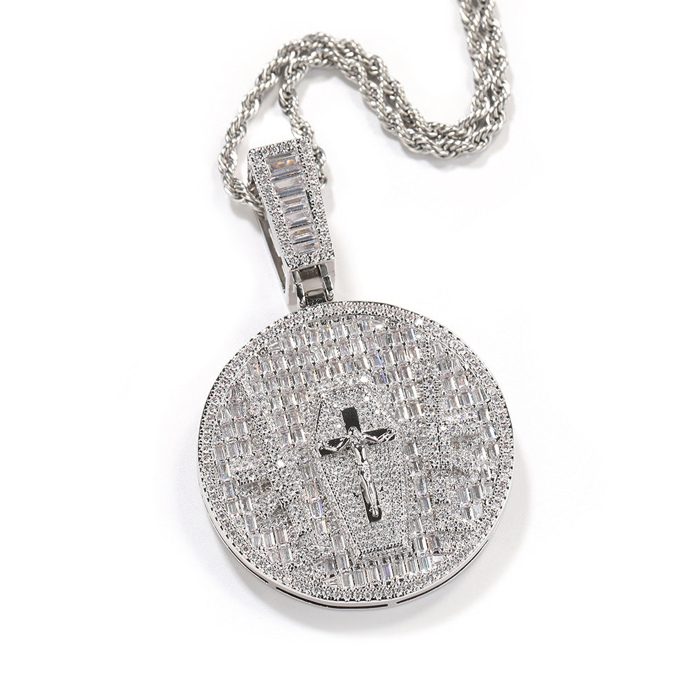 Iced Round Pendant Necklace with 24 Inch Twist Chain for Women and Men, Gold Plated or Silver Plated Statement Hip Hop Chain