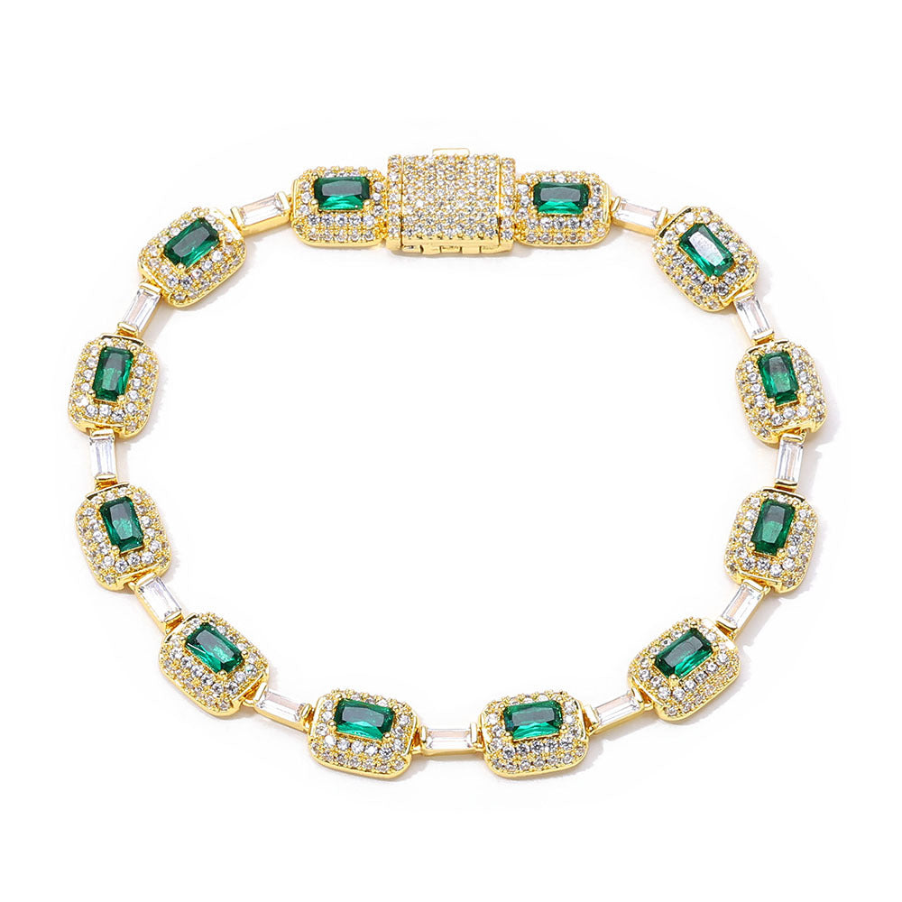 Green Rectangular Halo CZ Link Hip Hop Bracelet with Copper Base - CHA310 product image