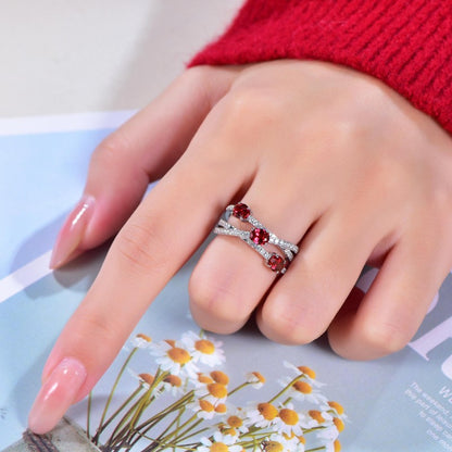 S925 Red Ruby Crossover Geometric Ring for Women