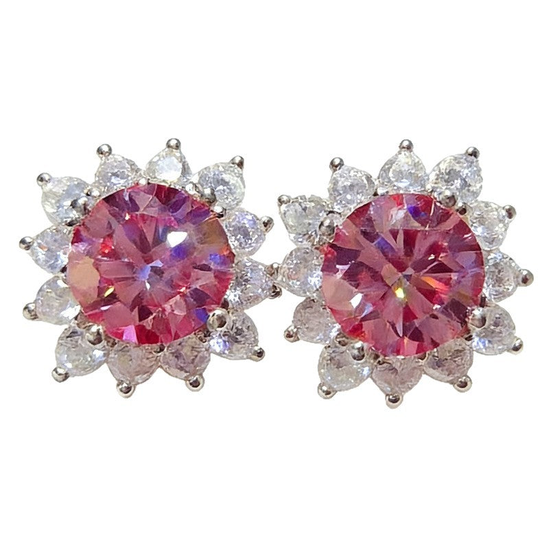 Pink Round Moissanite Stud Earrings with Halo Accent for Women product image