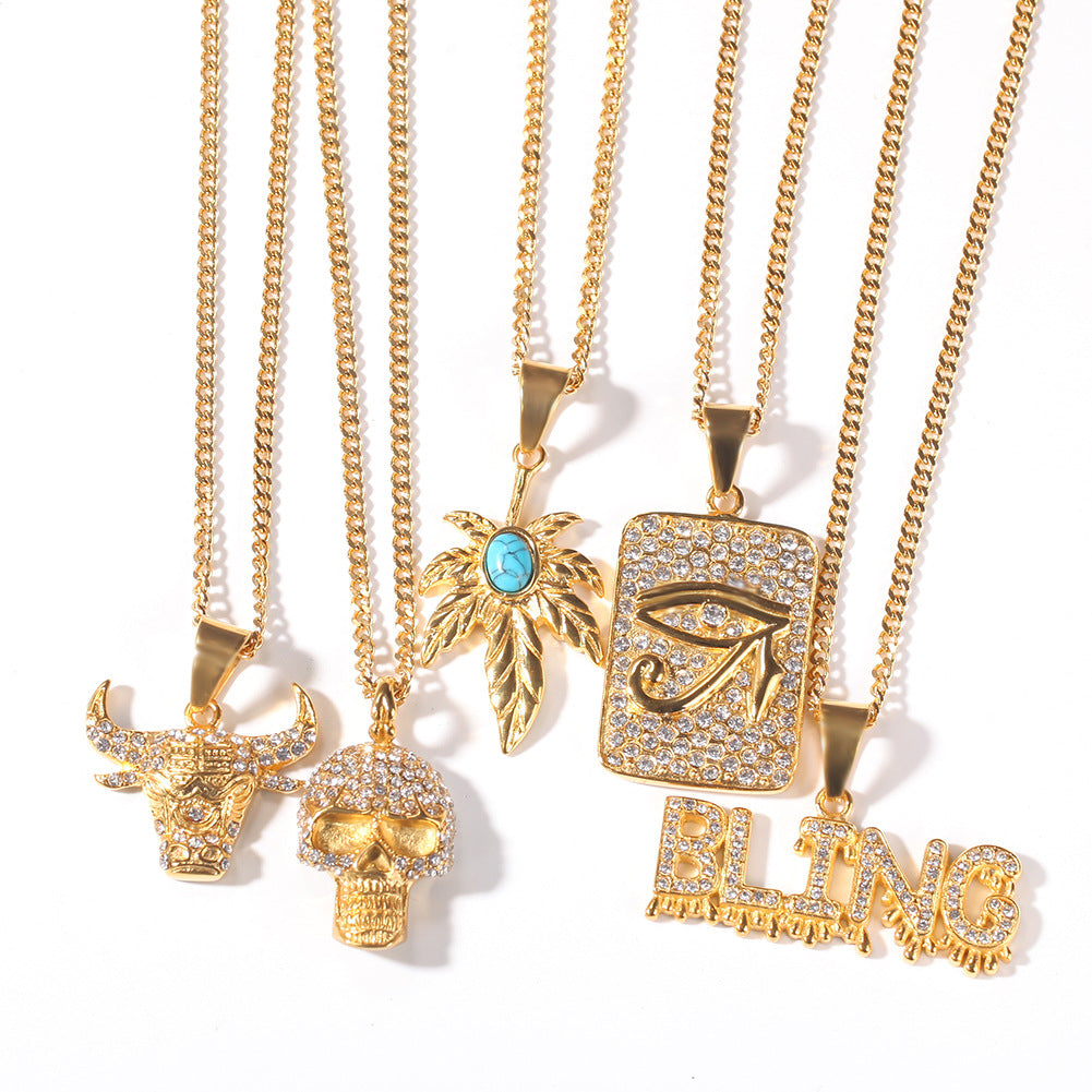 Iced BLING Letter Pendant Necklace for Women, Gold Plated Stainless Steel Hip Hop Chain Necklace