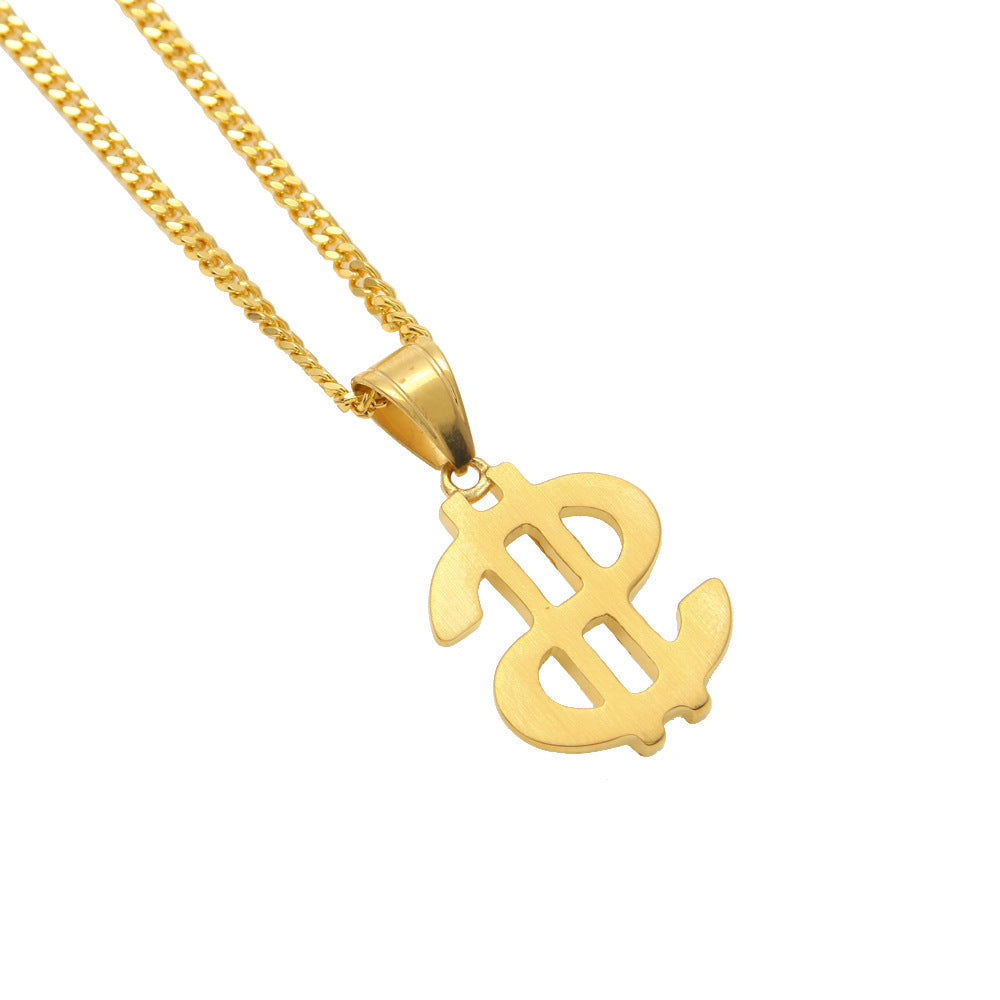 Gold Plated Stainless Steel Dollar Sign Pendant Necklace with 3mm Cuban Chain