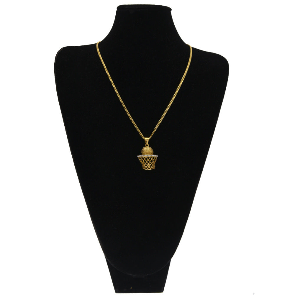 Iced Basketball Hoop Pendant Necklace with 3mm Stainless Steel Cuban Chain for Women & Men