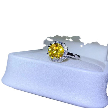 Yellow Moissanite Halo Ring for Women, Round Cut Geometric Engagement Ring, 1 Carat or 2 Carat