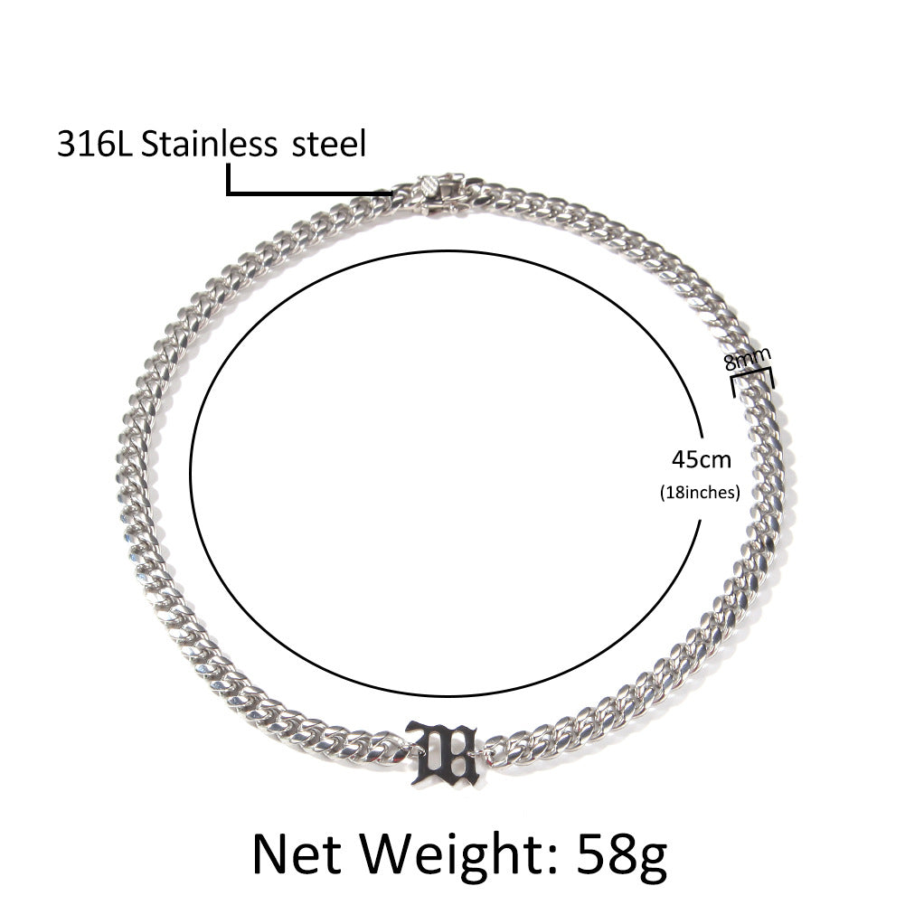 Unisex Stainless Steel Cuban Chain Necklace with Polished Letter Pendant - Hip Hop Statement Chain