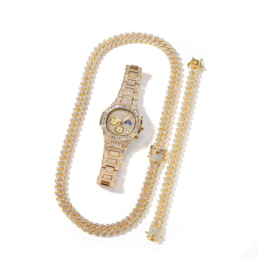 Iced Out Cuban Link Necklace Bracelet & Watch Set for Women and Men – 12mm Cubic Zirconia Statement Chain Jewelry Set