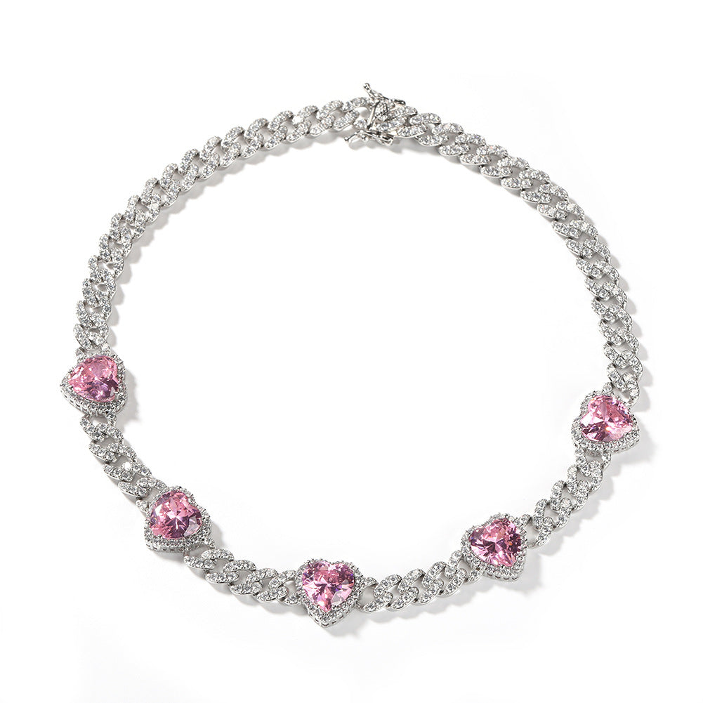Iced Heart Cuban Link Necklace Bracelet with Pink Cubic Zirconia Pendant for Women & Men